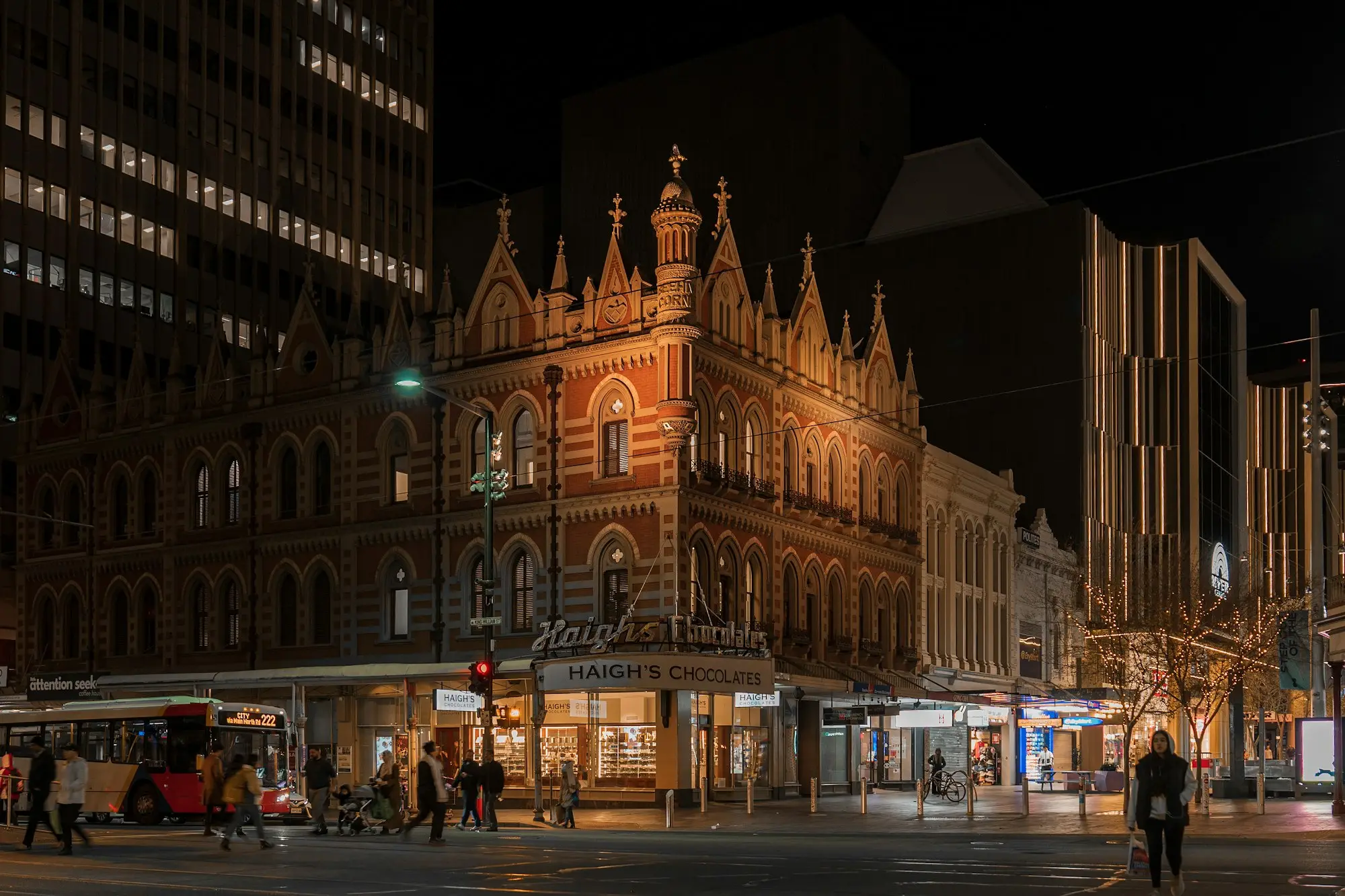 Heritage buildings on an Adelaide city street at night