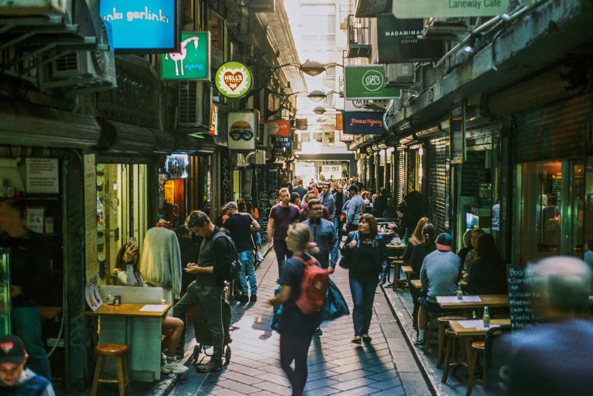 Busy Melbourne laneway lined with small businesses